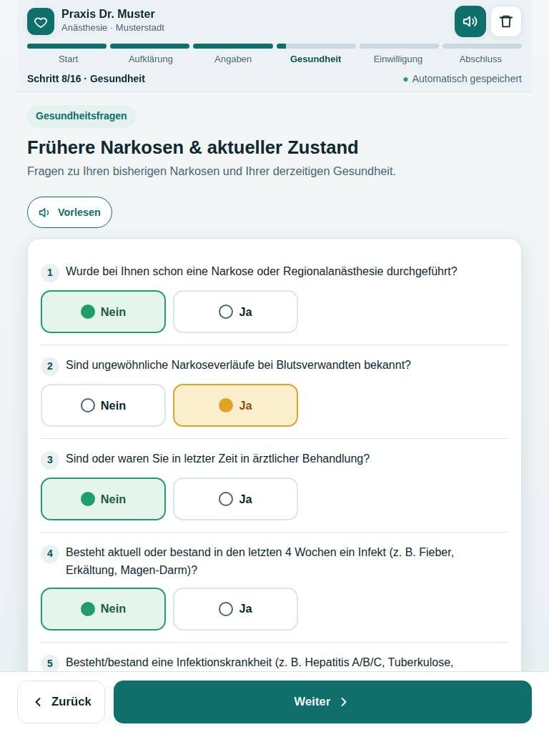 Gesundheitsfragen mit großen Ja/Nein-Schaltflächen; eine Frage ist mit Ja beantwortet und farblich hervorgehoben.