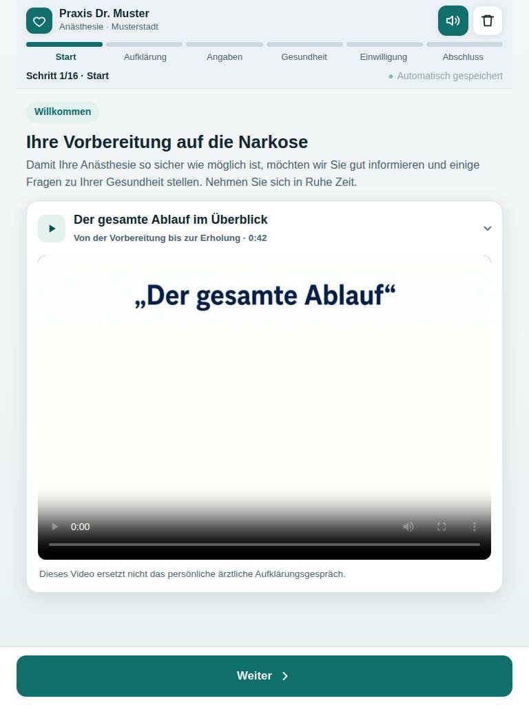 Startseite für Patienten mit Praxiskopf, Fortschrittsanzeige und Erklärvideo zum Ablauf der Narkose.